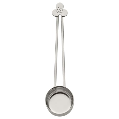 Tee-Ei und Kaffeemaß aus Edelstahl; schlanker, geschwungener Griff mit floralem Deckel, runde Schale; Elegantes, praktisches Design.