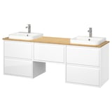 Moderner weißer Waschtisch mit zwei Spülbecken mit Holzplatte, zwei schlanken Schüsseln, wandmontiert, mehreren Schubladen zur Aufbewahrung und offenem Zentrum.