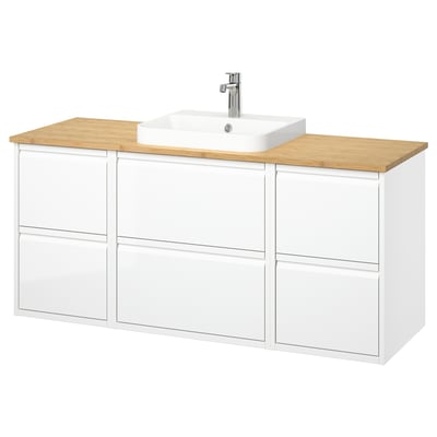 Moderner weißer Badezimmerwaschtisch, Arbeitsplatte aus Holz, 3 Schubladen, quadratisches Waschbecken, schlankes Design.