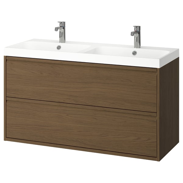 Moderner Badezimmerwaschtisch, ÄNGSJÖN, Wandmontage, zwei Schubladen, weißes Doppelbecken, verchromte Armaturen.