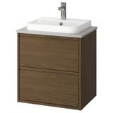 Moderner Badezimmer-Waschtisch, braune Eichenoptik, wandmontiertes, halb versenktes Waschbecken, schlankes Design.
