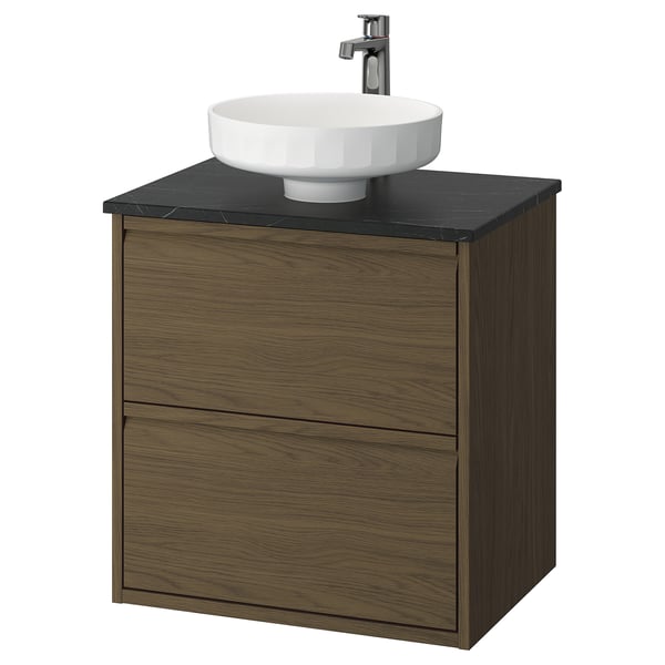Badezimmerwaschtisch aus dunklem Holz mit schwarzem Marmor, rundem Waschbecken, minimalistischem Design.