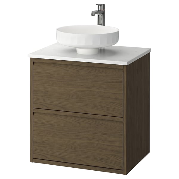 Modernes Badezimmer: ÄNGSJÖN, braun, wandhängend, Marmorwaschbecken, verchromte Armatur, minimalistisches Design.