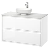 Moderner weißer Wandwaschtisch mit glatter Oberfläche, zwei Schubladen und rundem Marmorwaschbecken.