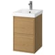 Moderner Badezimmer-Waschtisch, Eichenholz-Finish, Wandmontage, zwei Schubladen, weißes Waschbecken, verchromter Wasserhahn.