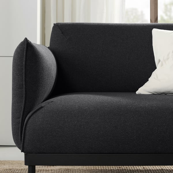 ÄPPLARYD anthrazitfarbenes Sofa, modernes Design, dunkelgrauer Stoff, gepolsterte Sitzfläche und Rückenlehne, schlanke schwarze Beine. .