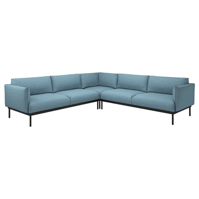 Blaues modulares Sofa ÄPPLARYD, L-förmig, hellgrauer Stoff, Metallbeine.