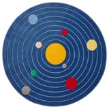 AFTONSPARV Teppich: blau, kreisförmig, gelbe Sonne, bunte Planeten, recycelte Materialien.