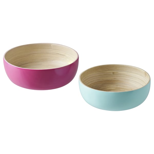 Zwei bunte Bambusschalen: rosa & hellblau, runde, glatte Kanten.
