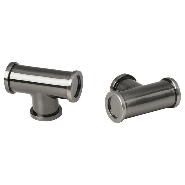 Zwei Schubladenknöpfe aus Metall, einer davon in T-Form, beide aus gebürstetem Nickel, schlankes und modernes Design.