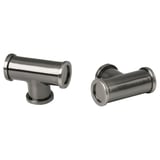 Zwei Schubladenknöpfe aus Metall, einer davon in T-Form, beide aus gebürstetem Nickel, schlankes und modernes Design.