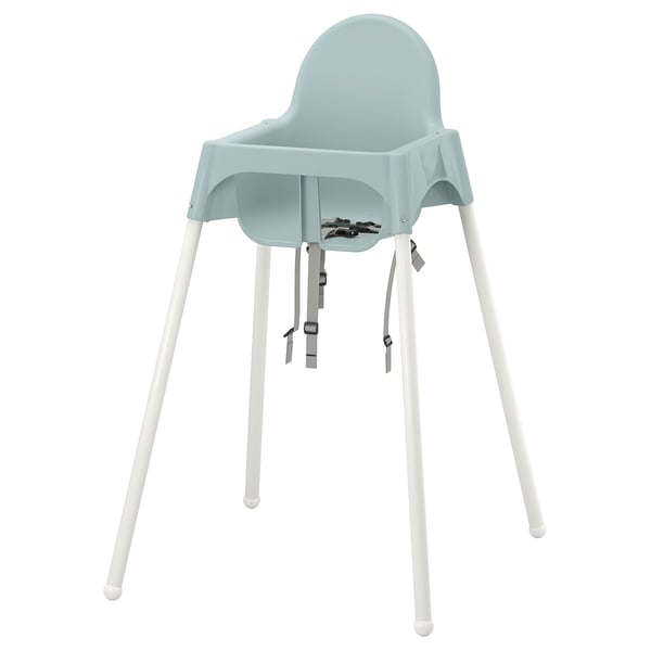 Blauer ikea ANTILOP Hochstuhl, Kunststoff & Stahl, weiße Beine, 5-Punkt-Gurt.