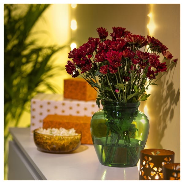 Vase mit roten Blumen, grünem Glas, organischer Form, Kunstwerk Hintergrund.
