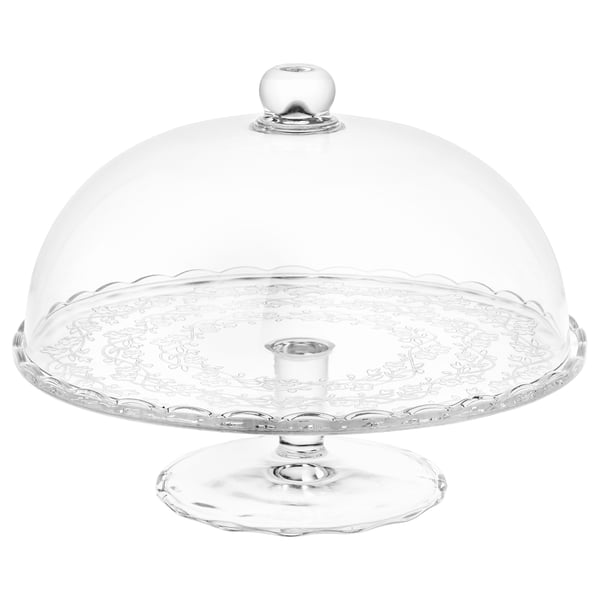 ARV BRÖLLOP Glas-Tortenständer: klar, rund, gewölbter Deckel, dekoratives florales Design.