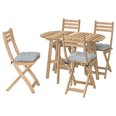 ASKHOLMEN Terrassengarnitur - 4 Holzstühle, hellbraun, Lamellendesign, runde Kissen.