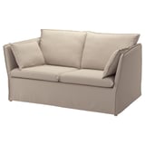 BACKSÄLEN: beiges 2-Sitzer-Sofa, glatter Stoff, geschwungene Kanten, neutrales Dekor.