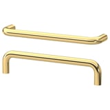 Zwei goldene Schrankgriffe, schlank und gewölbt, zeigen ein modernes Design. Perfekt für Küchen- oder Badezimmerschränke.