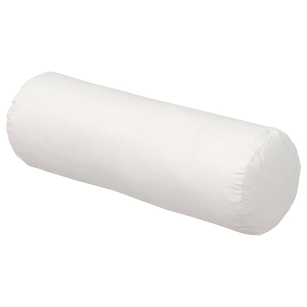 Ein BARRBERIS Nackenkissen in Weiß, hergestellt aus recyceltem Polyester und Baumwolle, zylindrisch in der Form, entwickelt, um Nackenverspannungen zu reduzieren.