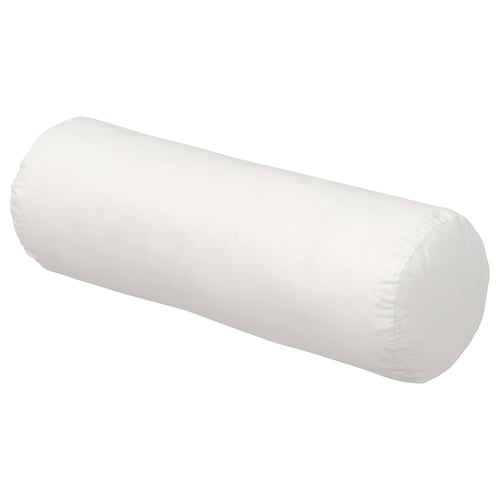 Ein BARRBERIS Nackenkissen in Weiß, hergestellt aus recyceltem Polyester und Baumwolle, zylindrisch in der Form, entwickelt, um Nackenverspannungen zu reduzieren.
