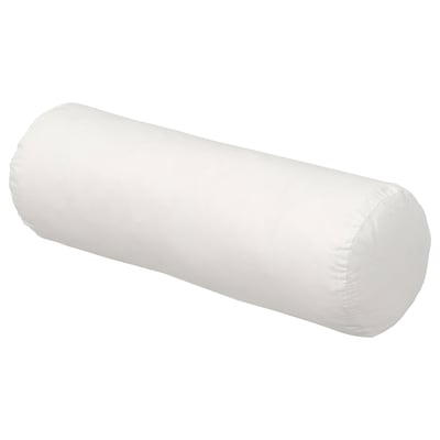 Ein BARRBERIS Nackenkissen in Weiß, hergestellt aus recyceltem Polyester und Baumwolle, zylindrisch in der Form, entwickelt, um Nackenverspannungen zu reduzieren.