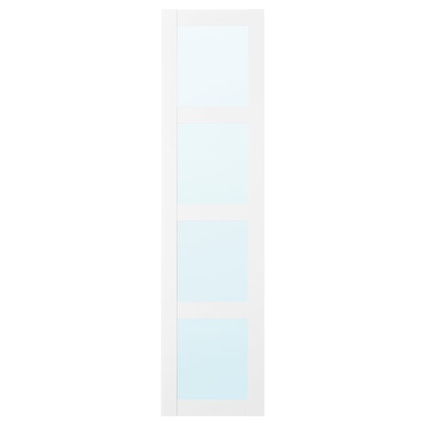 Weißer vertikaler Schrank mit verspiegelten Glastüren, Soft-Close-Scharnieren.