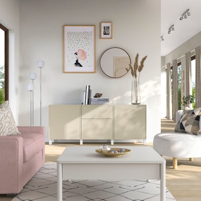 BESTÅ Aufbewahrung mit Schubladen, Krukmakare beige/Stubbarp weiß, 180x42x74 cm