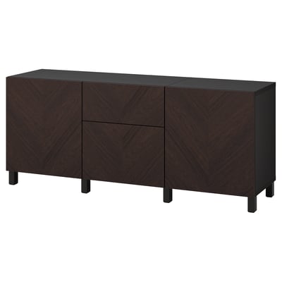 Sideboard mit dunkler Holzmaserung, rechteckig, mit vier Türen und zwei Schubladen, robuste Beine.