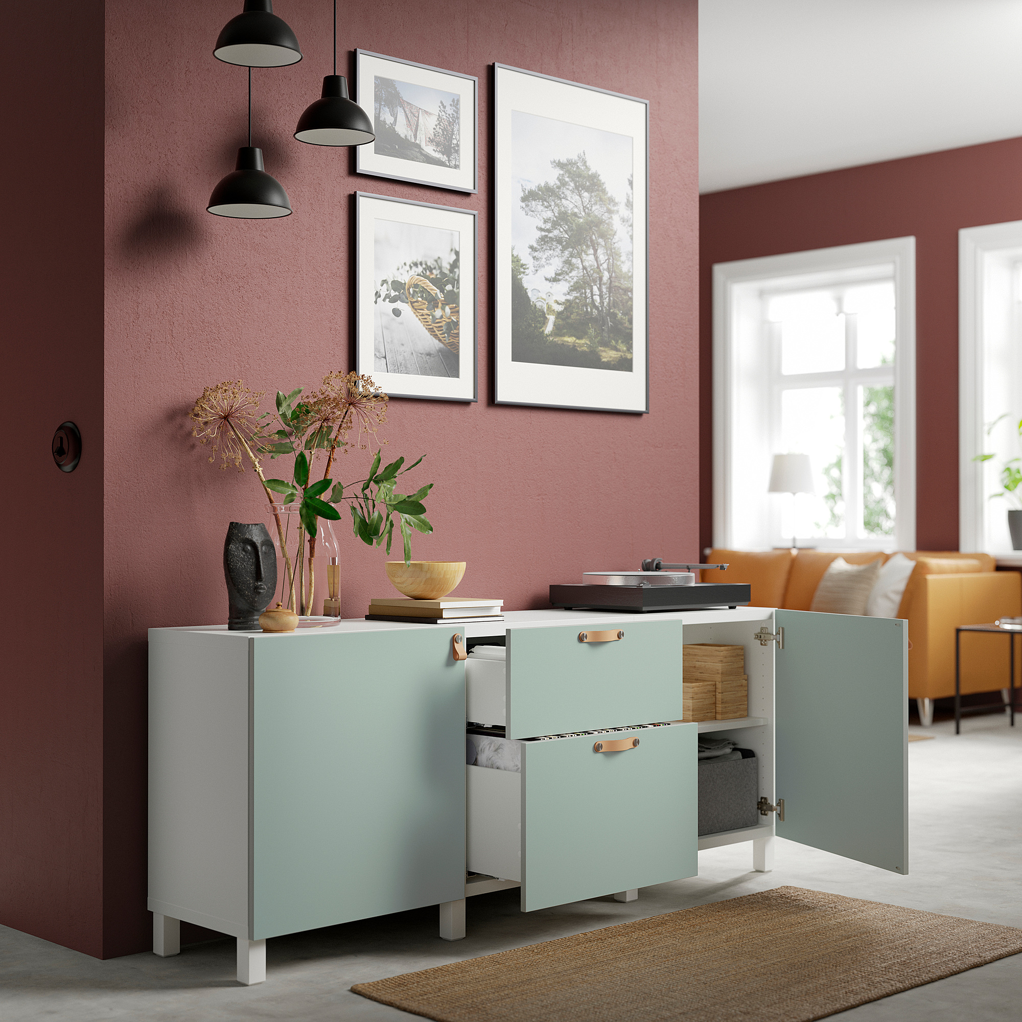 BESTÅ Aufbewahrung mit Schubladen - weiß/Hjortviken blasses Graugrün