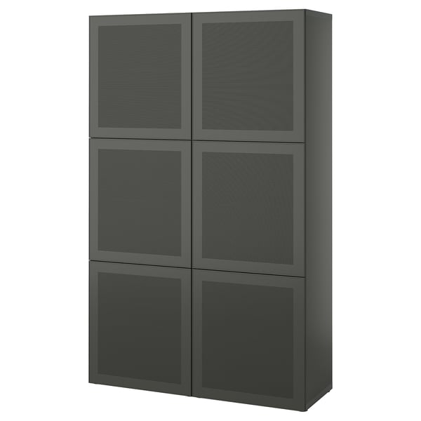 Schwarzer BESTÅ Stauraum: 6 quadratische Türen, modernes Design, verstellbare Regale und Scharniere.