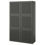 Schwarzer BESTÅ Stauraum: 6 quadratische Türen, modernes Design, verstellbare Regale und Scharniere.