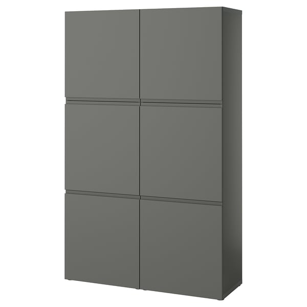 Grauer BESTÅ-Schrank mit sechs Türen zur Aufbewahrung. Modernes, minimalistisches Design in dunkelgrauer, rechteckiger Form.