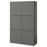 Grauer BESTÅ-Schrank mit sechs Türen zur Aufbewahrung. Modernes, minimalistisches Design in dunkelgrauer, rechteckiger Form.