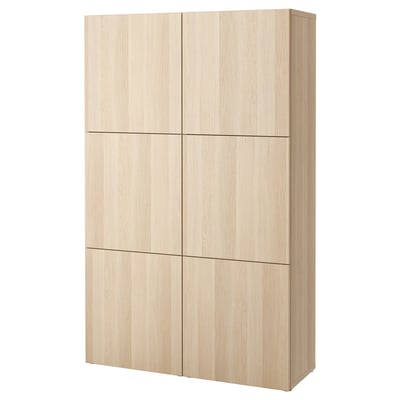 BESTÅ Schrank aus hellem Holz mit sechs Türen, rechteckig, schlichtes Design für die Aufbewahrung zu Hause.