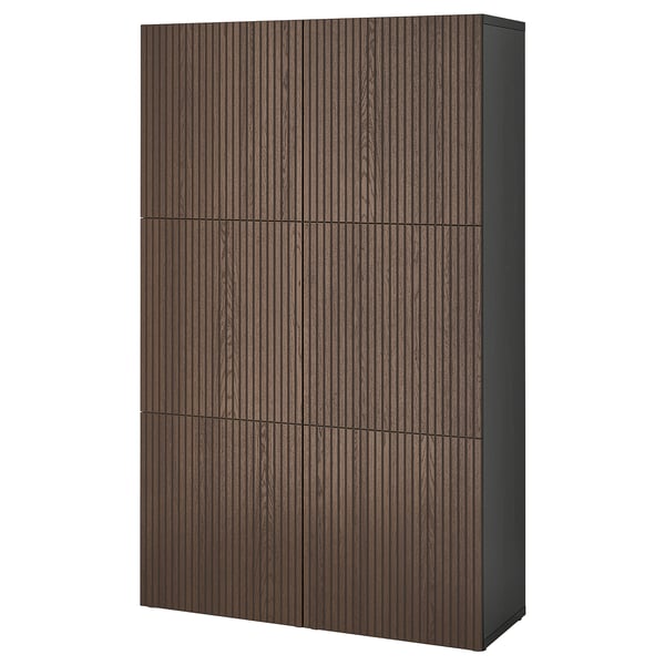 Ikea BESTÅ Regal aus dunklem Holz mit vier verstellbaren Fächern, schlankem und rechteckigem Design.