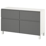 Grau-weißes BESTÅ Sideboard mit 4 Schubladen, minimalistisches Design.