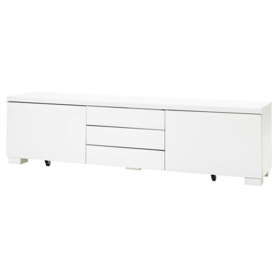 Weißer bestå TV-Ständer, modernes Design mit Schubladen und Schränken zur Aufbewahrung.