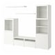 Weißes BESTÅ-Aufbewahrungsset: TV-Bank, Regale, Glastüren. Minimalistisches, modernes Design.