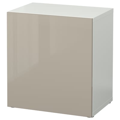 Ein BESTÅ-Aufbewahrungsschrank, beige, mit glänzender Oberfläche, rechteckiger Form und schlankem Design.