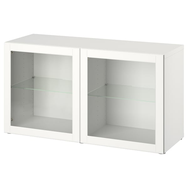 Weißer BESTÅ-Schrank mit Glastüren, schlankem Design und modernem Stauraum.