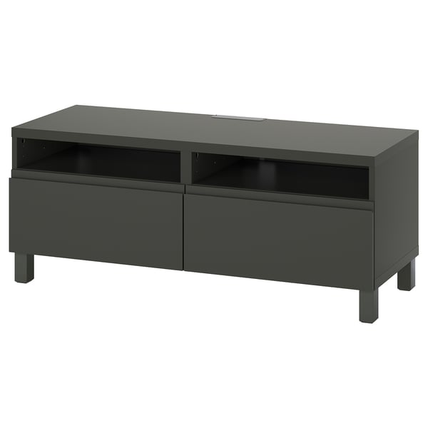 Moderner dunkelgrauer TV-Ständer mit schlankem Design, zwei Schubladen und Kabelmanagement.