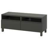 Moderner dunkelgrauer TV-Ständer mit schlankem Design, zwei Schubladen und Kabelmanagement.
