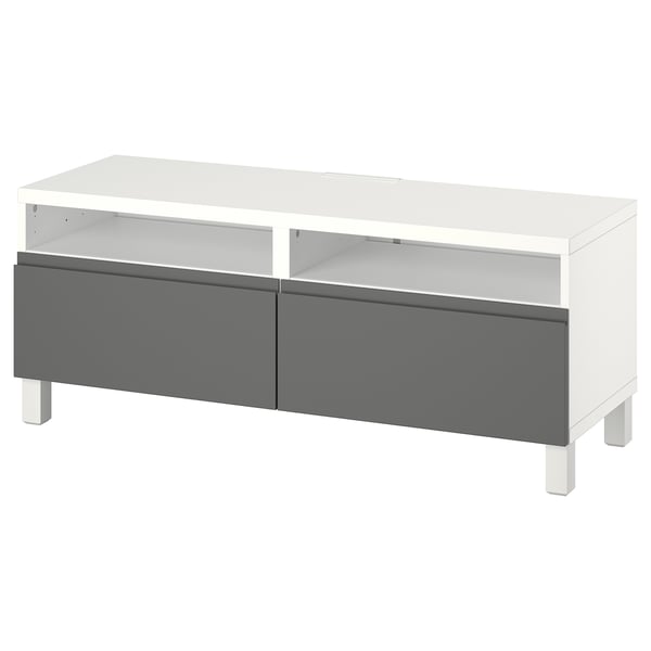 Moderner weißer TV-Ständer mit grauen Schubladen, minimalistischem Design für ordentliche Aufbewahrung und Kabelmanagement.