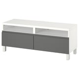 Moderner weißer TV-Ständer mit grauen Schubladen, minimalistischem Design für ordentliche Aufbewahrung und Kabelmanagement.