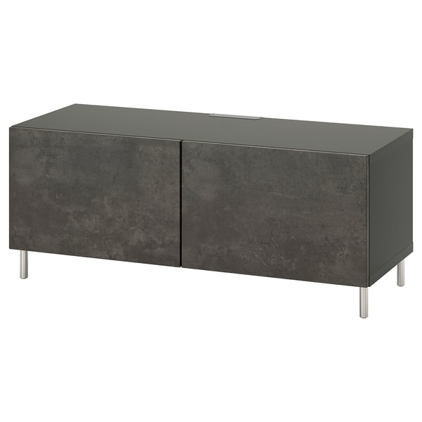 Moderne schwarze TV-Bank mit zwei Schranktüren, Edelstahlbeinen, schlankem Design.