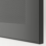 Moderne schwarze TV-Bankecke mit perforierter Metallplatte, die ein schlankes Design und langlebige Materialien zeigt.