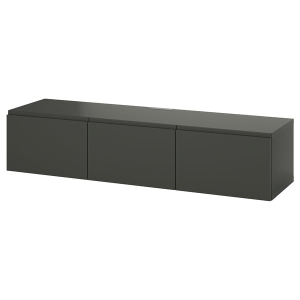Eine schwarze BESTÅ TV-Bank mit schlankem Design und drei Schränken zur Aufbewahrung.