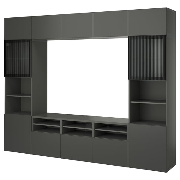 Moderner dunkelgrauer BESTÅ TV-Schrank mit Ablagefächern und Schränken. Schlankes, rechteckiges Design für eine effiziente Raumnutzung mit verstellbaren Innenräumen.