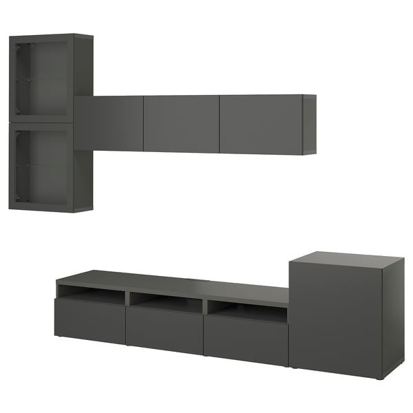 Grauer BESTÅ TV-Schrank mit Regalen, Schränken und Schubladen.