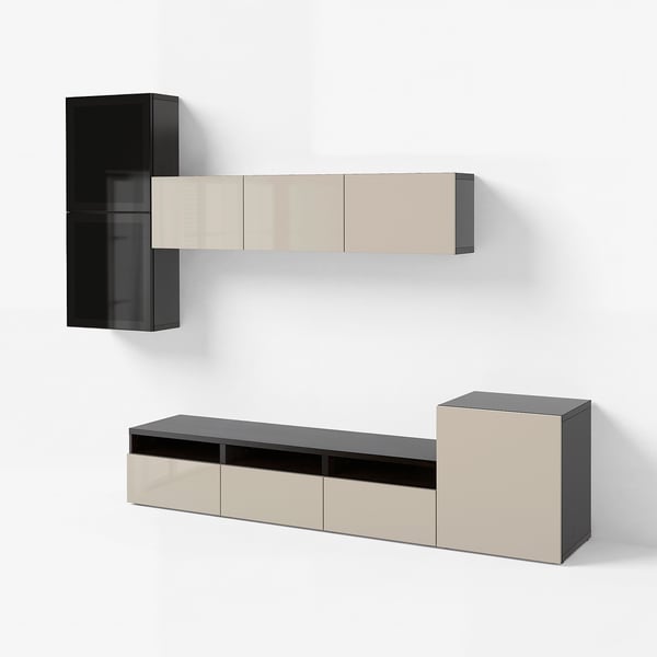 BESTÅ TV-Komb. mit Vitrinentüren, schwarzbraun/Selsviken Hochglanz/beige Rauchglas, 300x42x211 cm