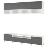Ein BESTÅ TV-Ständer in Grau mit Schubladen und verstellbaren Regalen. Das moderne Design beinhaltet eine offene und geschlossene Aufbewahrung.